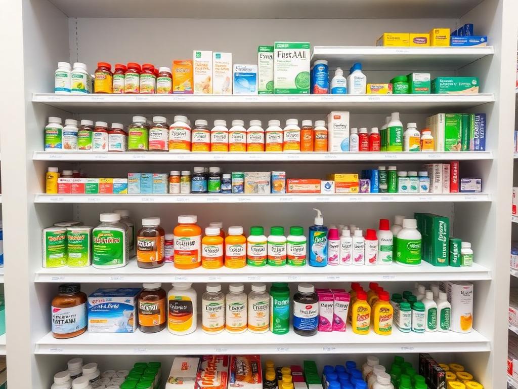 Shelves of vitamins, first aid and personal care products in the pharmacy