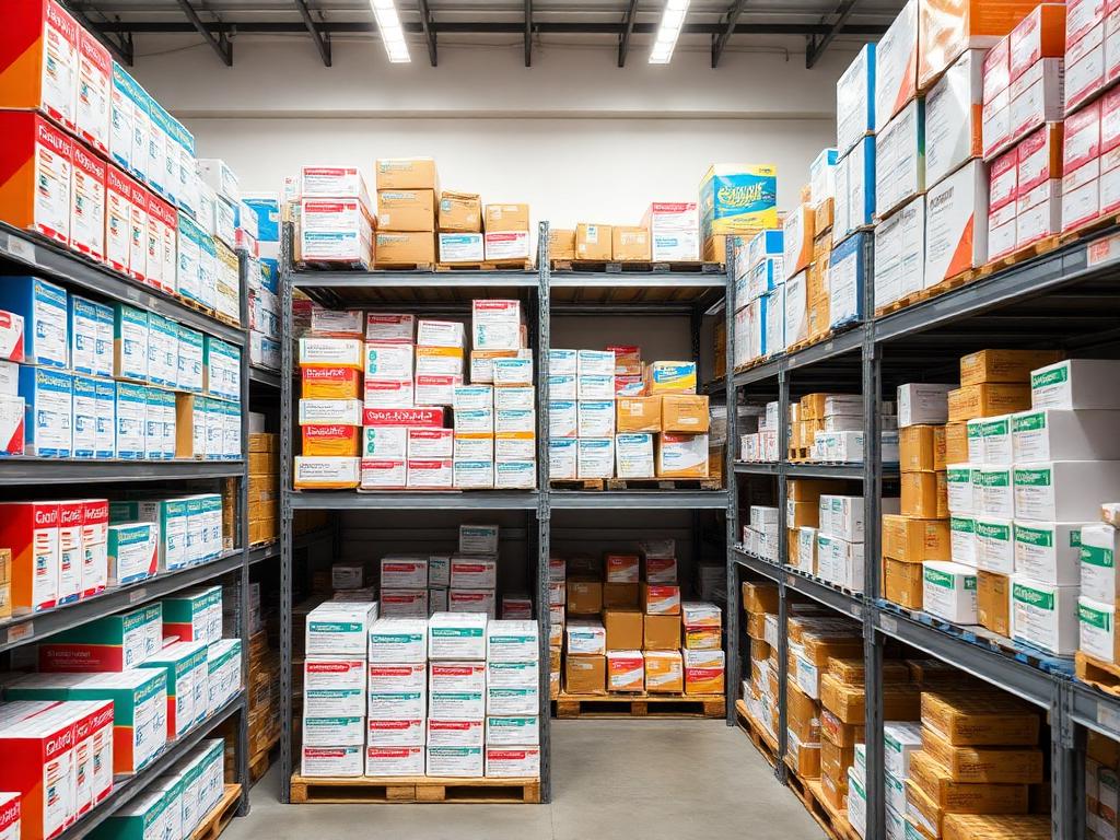 Cartons of pharmaceutical stock on warehouse shelving